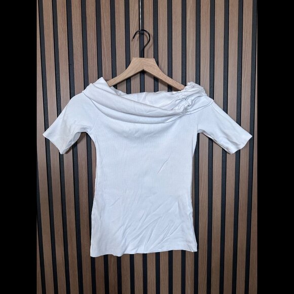 Zara Top Medium Womens White Off Shoulder Cowl Neck Chunky Knit Ribbed - Picture 1 of 7